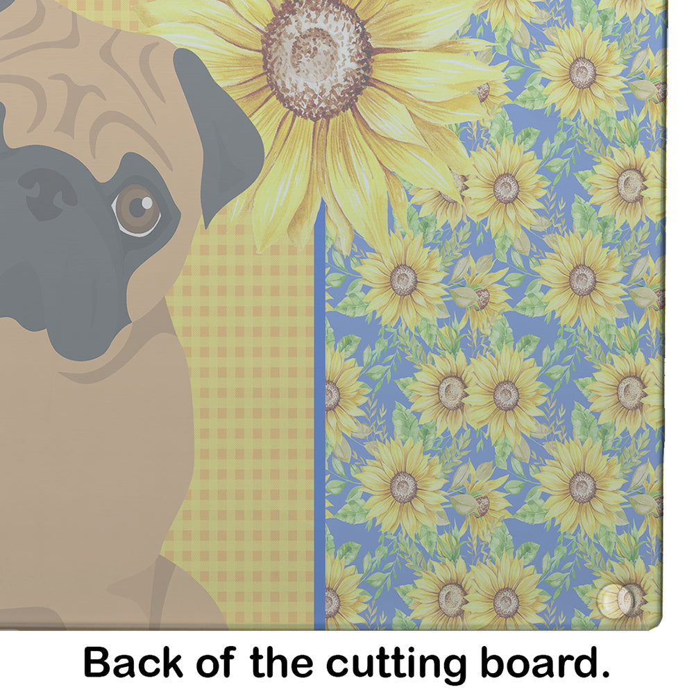 Summer Sunflowers Apricot Pug Cutting Board Tempered Glass Kitchen Cutting Surface, Heat Resistant Chopping, Non-Slip Feet, Food Prep & Serving