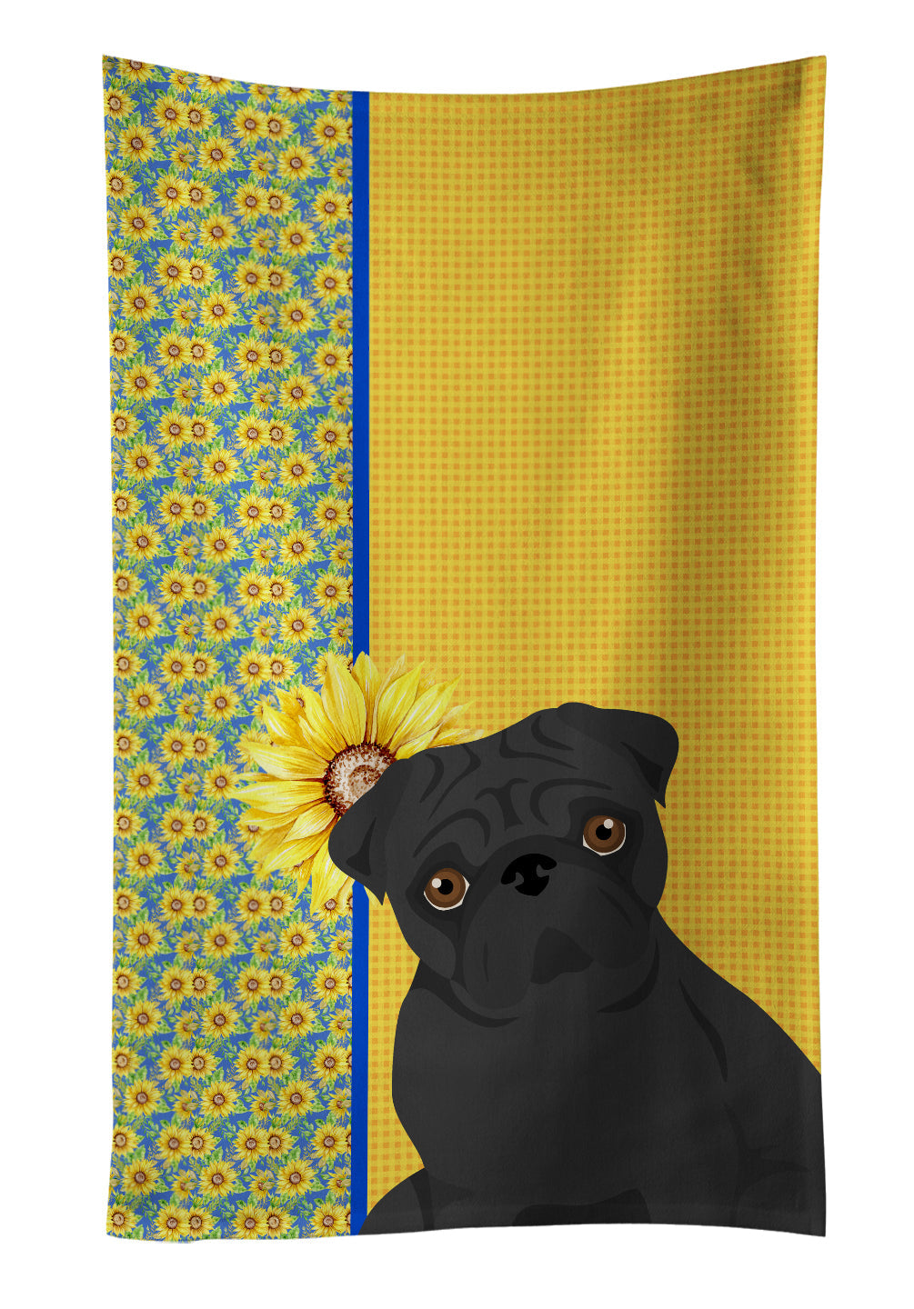 Summer Sunflowers Black Pug Kitchen Towel Velour Plush Front and Cotton Loop Back Machine Washable