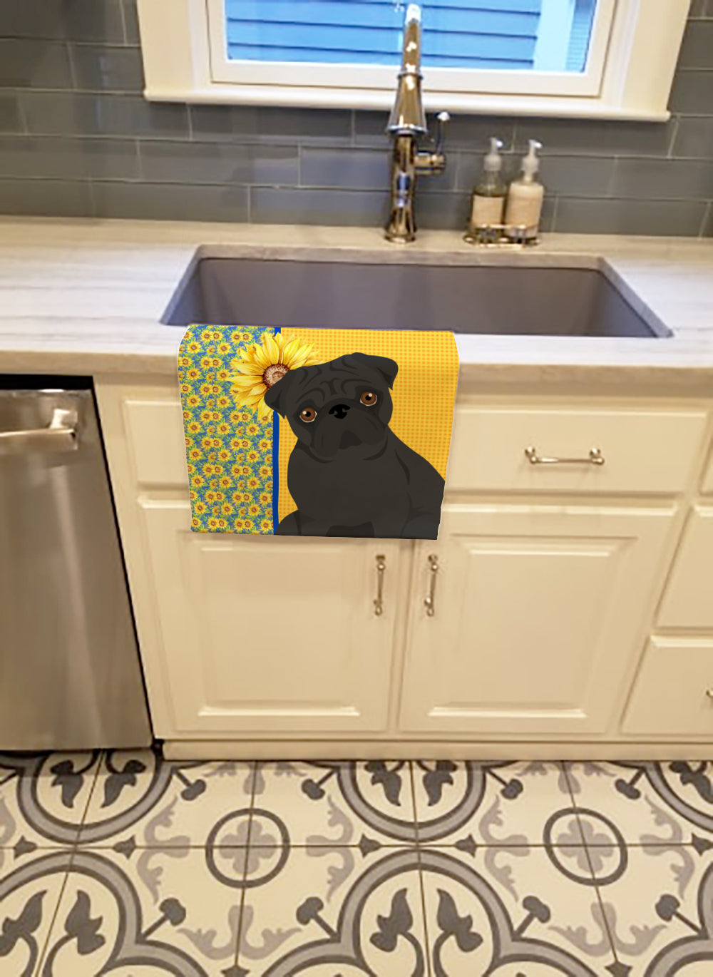 Summer Sunflowers Black Pug Kitchen Towel Velour Plush Front and Cotton Loop Back Machine Washable