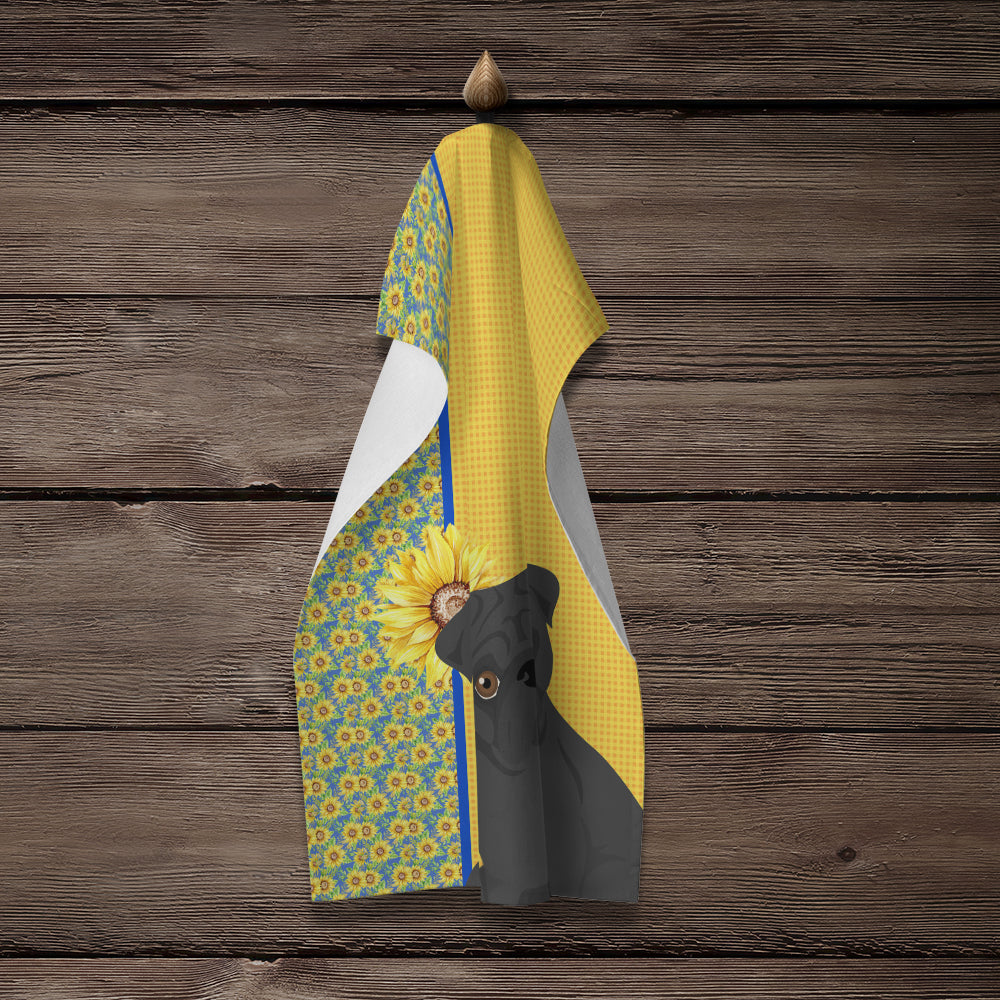 Summer Sunflowers Black Pug Kitchen Towel Velour Plush Front and Cotton Loop Back Machine Washable