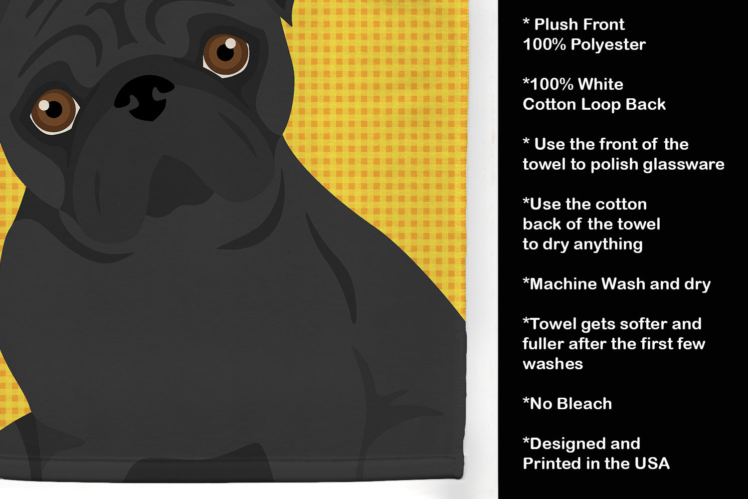 Summer Sunflowers Black Pug Kitchen Towel Velour Plush Front and Cotton Loop Back Machine Washable