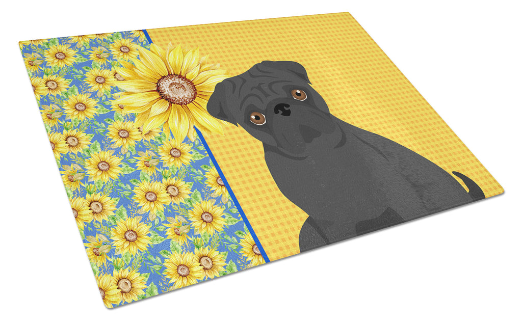 Summer Sunflowers Black Pug Cutting Board Tempered Glass Kitchen Cutting Surface, Heat Resistant Chopping, Non-Slip Feet, Food Prep & Serving