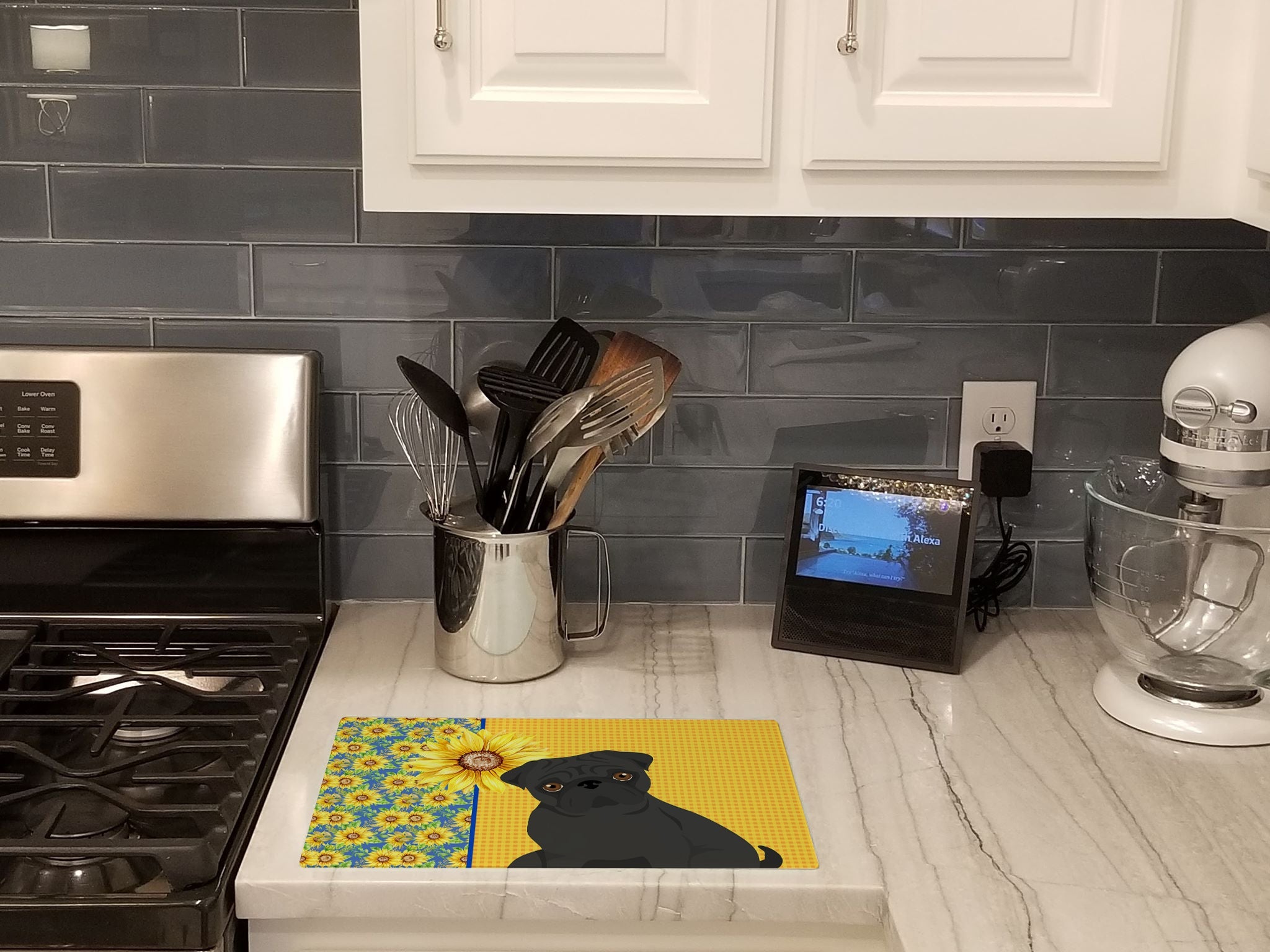 Summer Sunflowers Black Pug Cutting Board Tempered Glass Kitchen Cutting Surface, Heat Resistant Chopping, Non-Slip Feet, Food Prep & Serving
