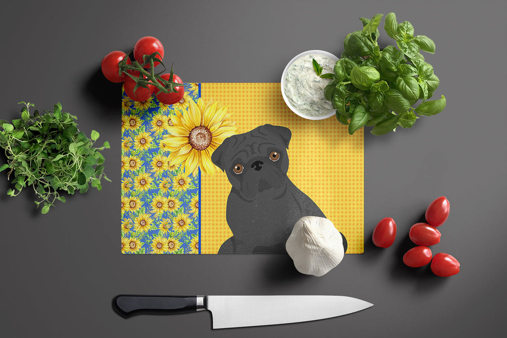 Summer Sunflowers Black Pug Cutting Board Tempered Glass Kitchen Cutting Surface, Heat Resistant Chopping, Non-Slip Feet, Food Prep & Serving