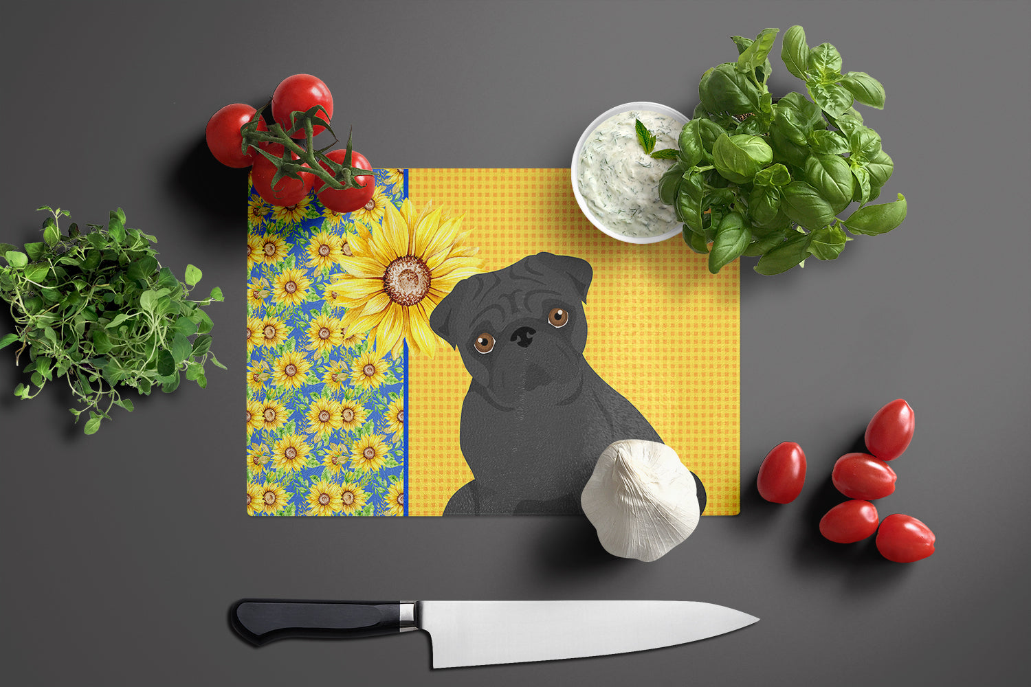 Summer Sunflowers Black Pug Cutting Board Tempered Glass Kitchen Cutting Surface, Heat Resistant Chopping, Non-Slip Feet, Food Prep & Serving