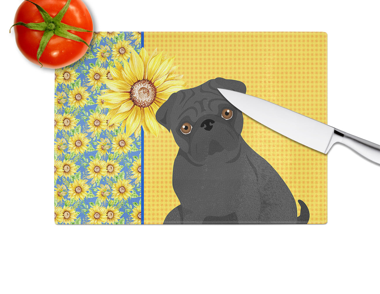 Summer Sunflowers Black Pug Cutting Board Tempered Glass Kitchen Cutting Surface, Heat Resistant Chopping, Non-Slip Feet, Food Prep & Serving