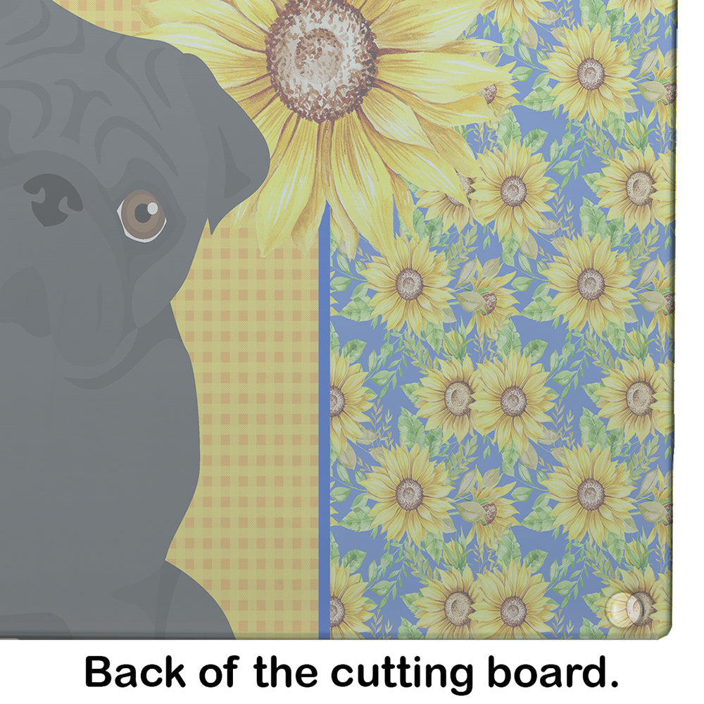 Summer Sunflowers Black Pug Cutting Board Tempered Glass Kitchen Cutting Surface, Heat Resistant Chopping, Non-Slip Feet, Food Prep & Serving