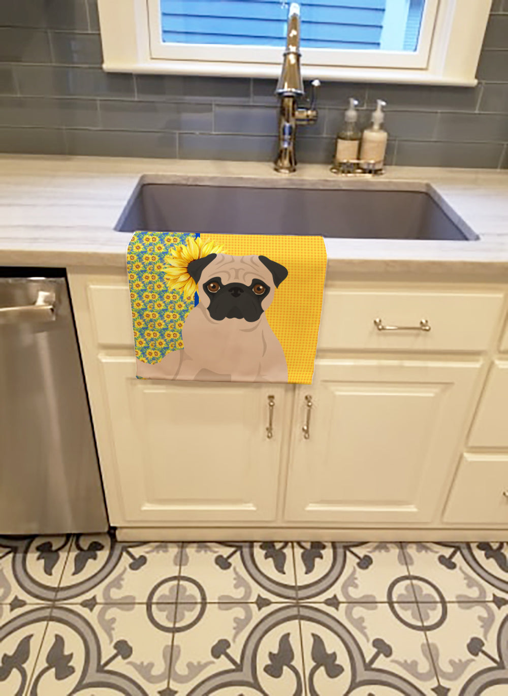 Summer Sunflowers Fawn Pug Kitchen Towel Velour Plush Front and Cotton Loop Back Machine Washable