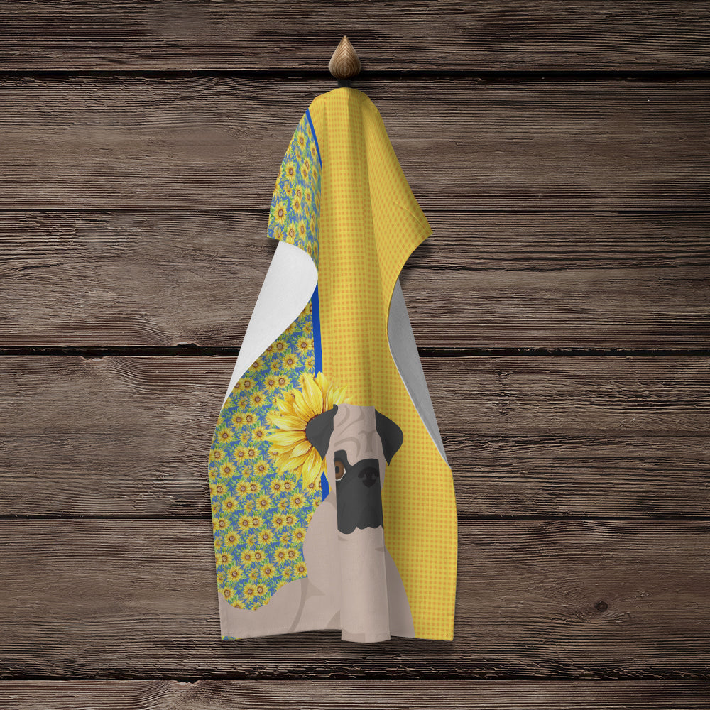 Summer Sunflowers Fawn Pug Kitchen Towel Velour Plush Front and Cotton Loop Back Machine Washable