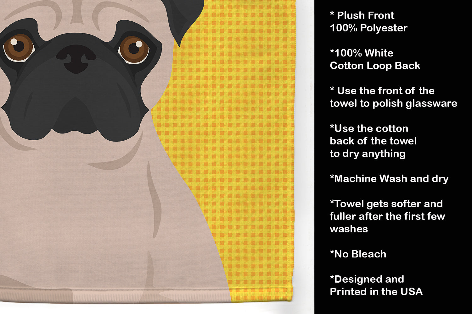 Summer Sunflowers Fawn Pug Kitchen Towel Velour Plush Front and Cotton Loop Back Machine Washable