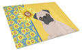 Summer Sunflowers Fawn Pug Cutting Board Tempered Glass Kitchen Cutting Surface, Heat Resistant Chopping, Non-Slip Feet, Food Prep & Serving