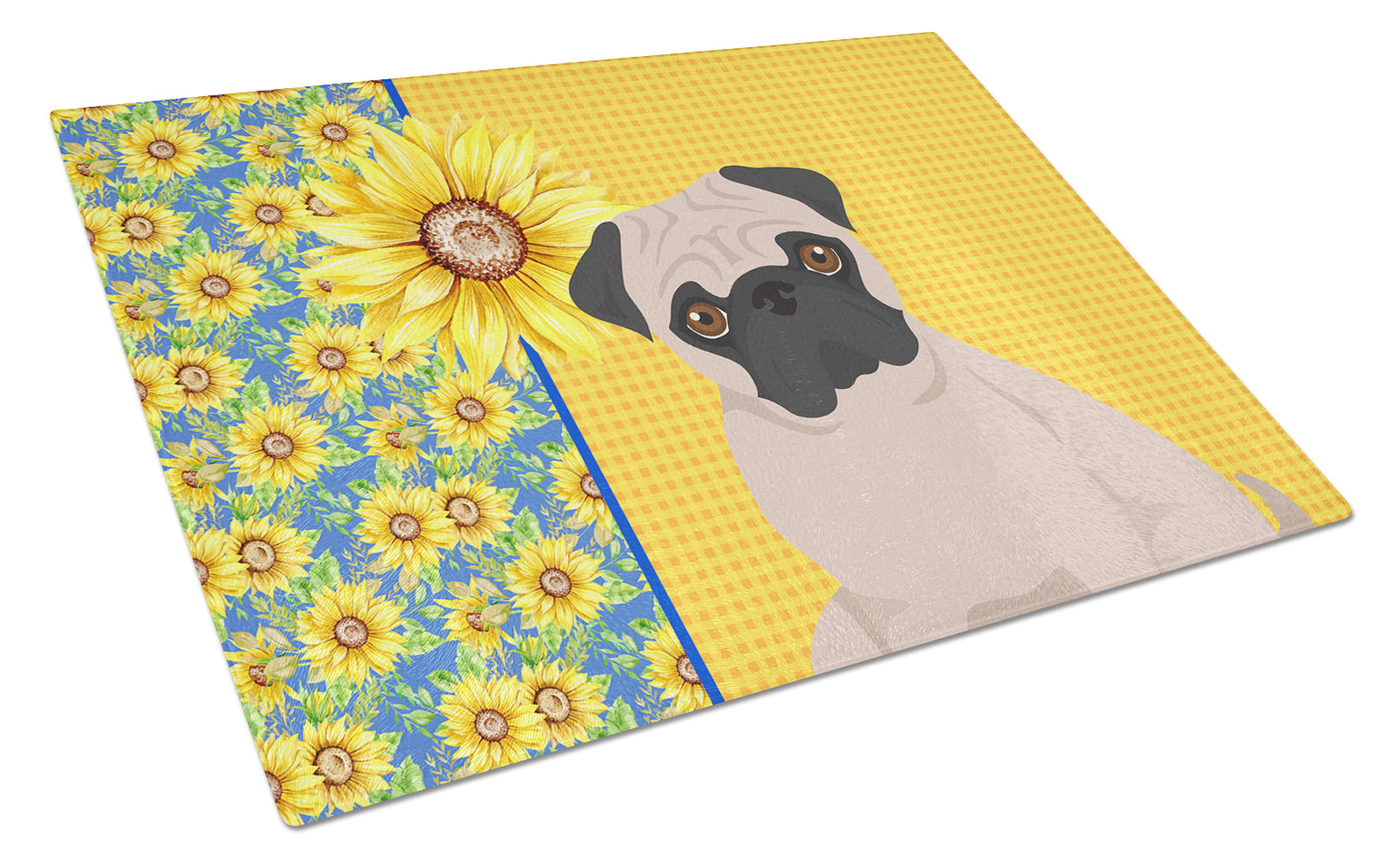 Summer Sunflowers Fawn Pug Cutting Board Tempered Glass Kitchen Cutting Surface, Heat Resistant Chopping, Non-Slip Feet, Food Prep & Serving