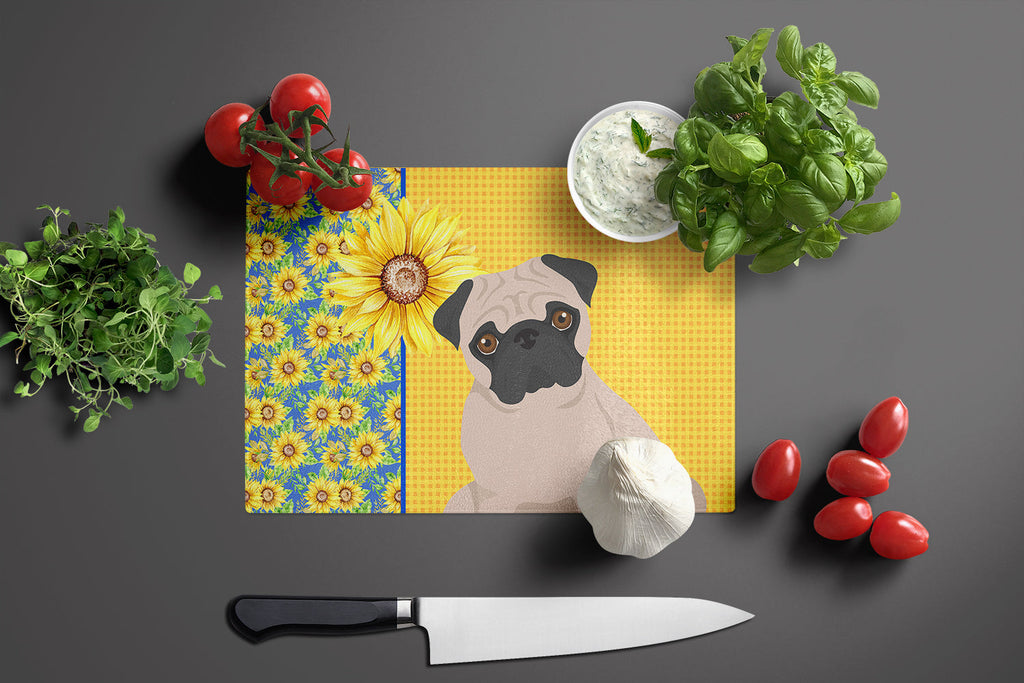 Summer Sunflowers Fawn Pug Cutting Board Tempered Glass Kitchen Cutting Surface, Heat Resistant Chopping, Non-Slip Feet, Food Prep & Serving