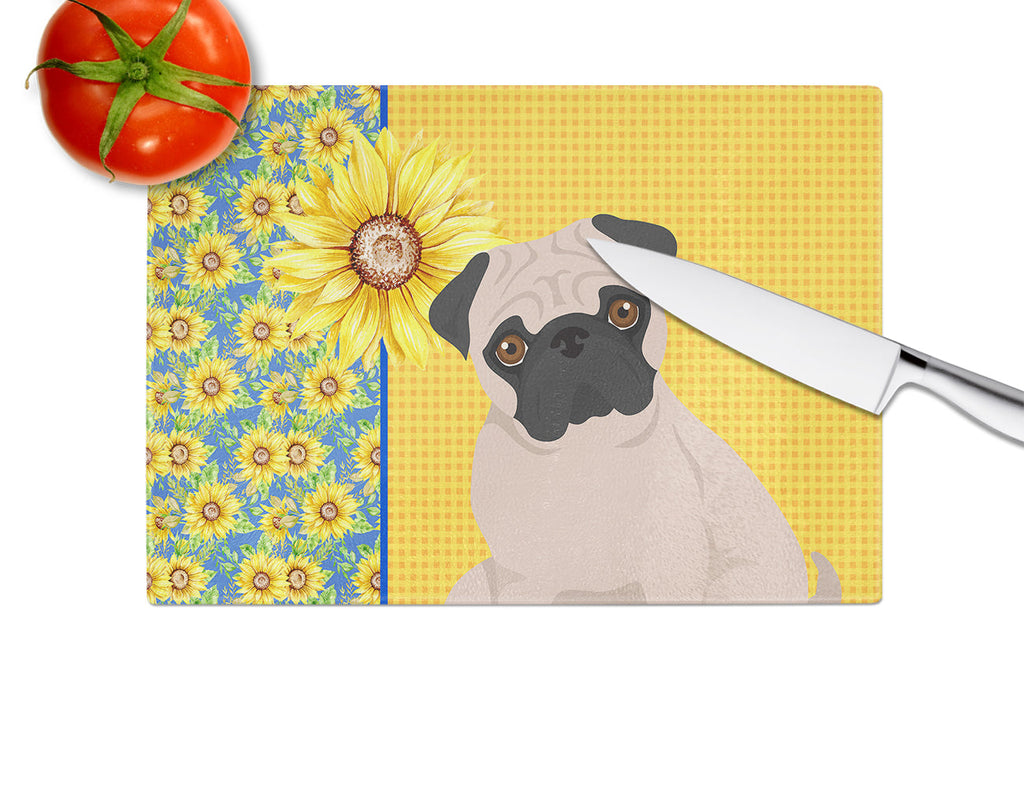 Summer Sunflowers Fawn Pug Cutting Board Tempered Glass Kitchen Cutting Surface, Heat Resistant Chopping, Non-Slip Feet, Food Prep & Serving