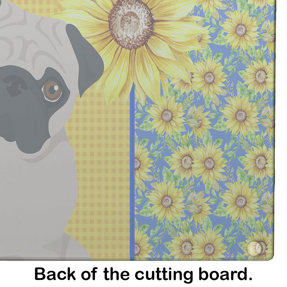Summer Sunflowers Fawn Pug Cutting Board Tempered Glass Kitchen Cutting Surface, Heat Resistant Chopping, Non-Slip Feet, Food Prep & Serving