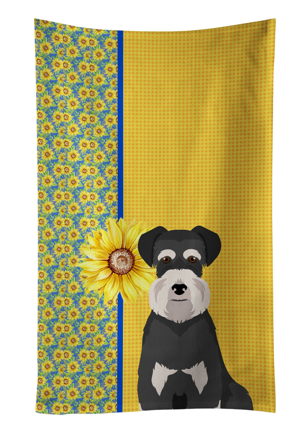 Summer Sunflowers Black and Silver Natural Ears Schnauzer Kitchen Towel Velour Plush Front and Cotton Loop Back Machine Washable
