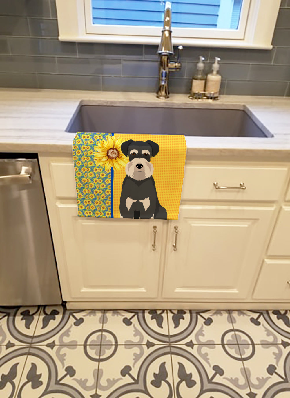 Summer Sunflowers Black and Silver Natural Ears Schnauzer Kitchen Towel Velour Plush Front and Cotton Loop Back Machine Washable