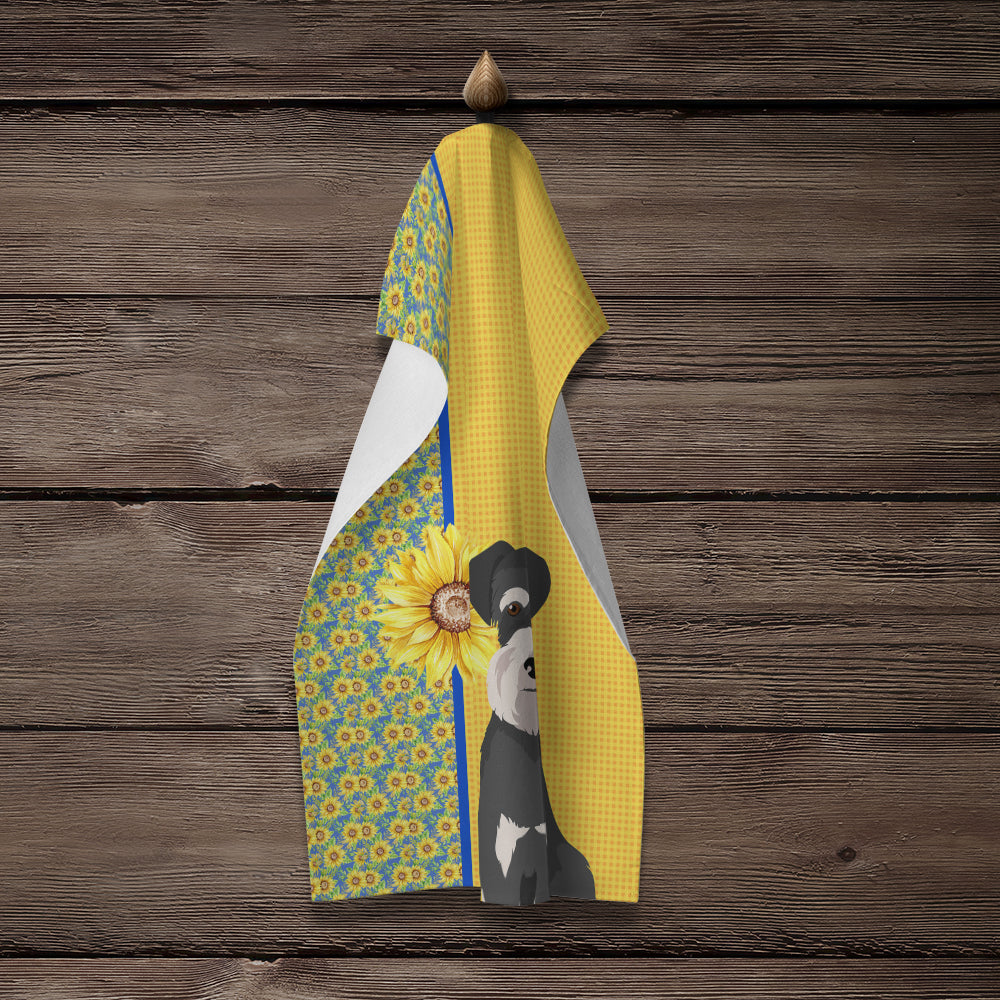 Summer Sunflowers Black and Silver Natural Ears Schnauzer Kitchen Towel Velour Plush Front and Cotton Loop Back Machine Washable