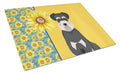 Summer Sunflowers Black and Silver Natural Ears Schnauzer Cutting Board Tempered Glass Kitchen Cutting Surface, Heat Resistant Chopping, Non-Slip Feet, Food Prep & Serving