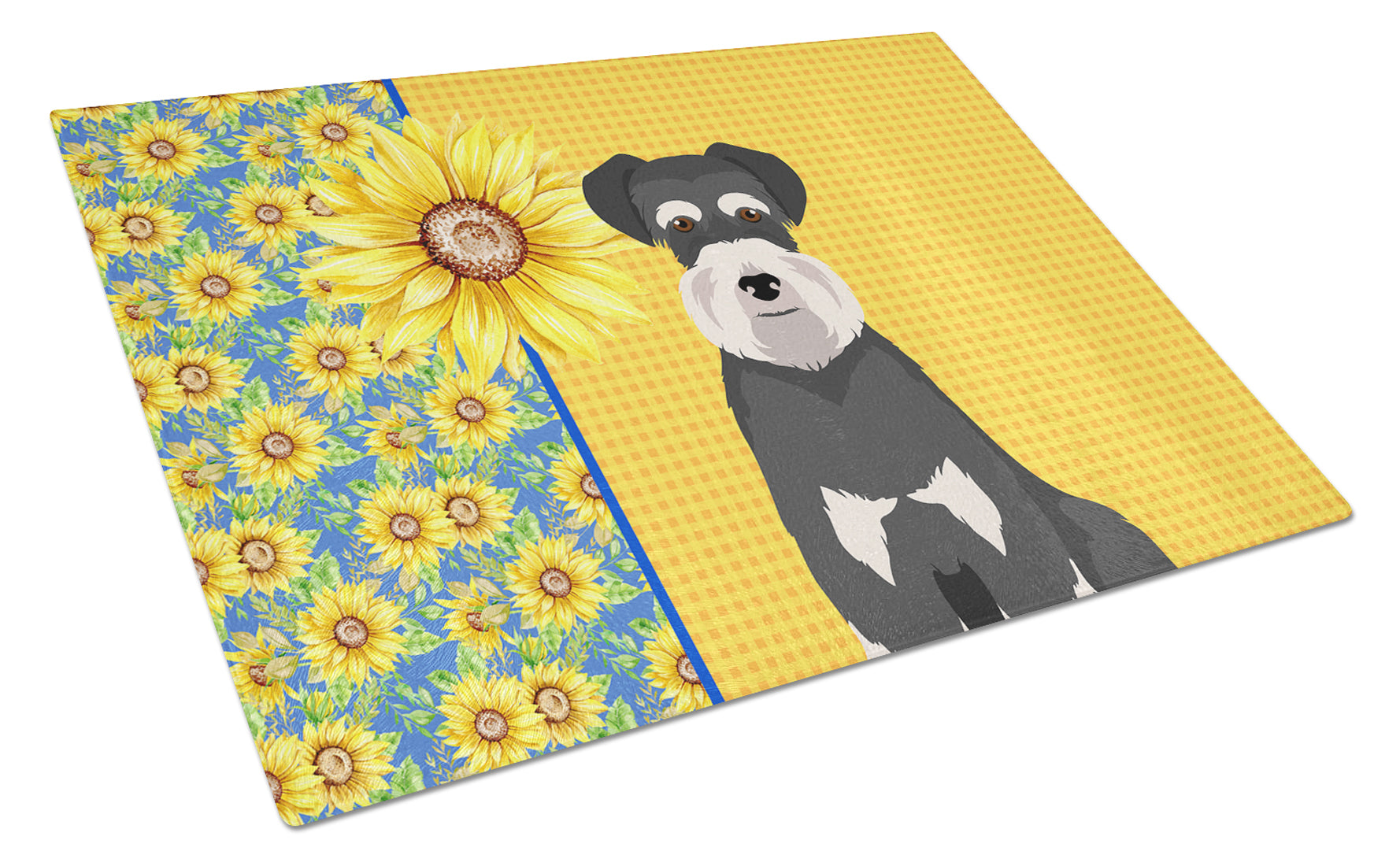 Summer Sunflowers Black and Silver Natural Ears Schnauzer Cutting Board Tempered Glass Kitchen Cutting Surface, Heat Resistant Chopping, Non-Slip Feet, Food Prep & Serving