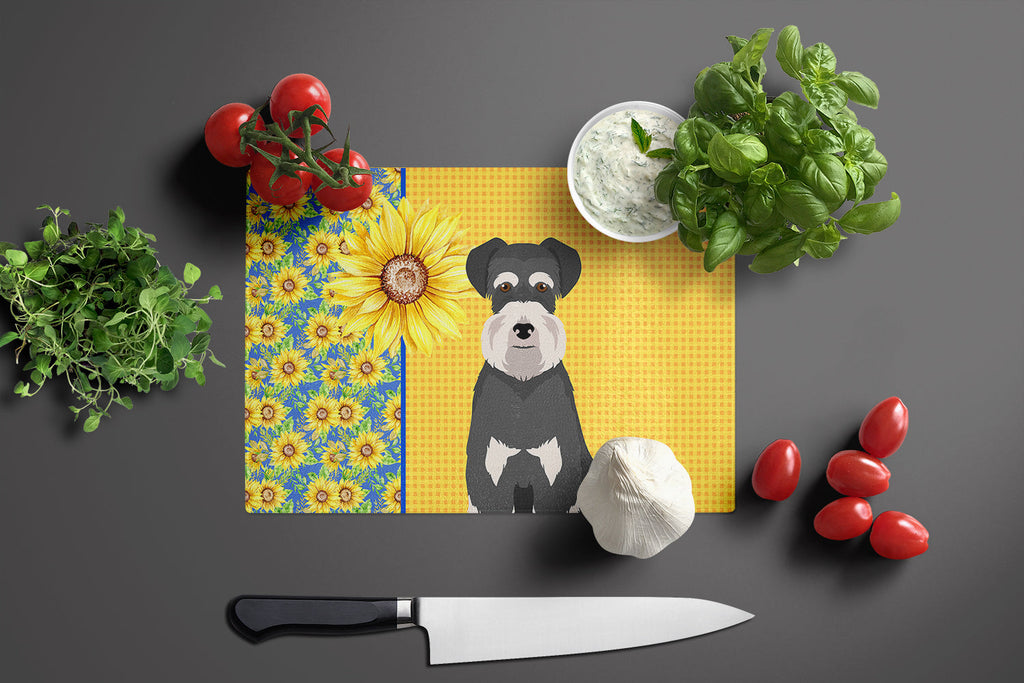 Summer Sunflowers Black and Silver Natural Ears Schnauzer Cutting Board Tempered Glass Kitchen Cutting Surface, Heat Resistant Chopping, Non-Slip Feet, Food Prep & Serving
