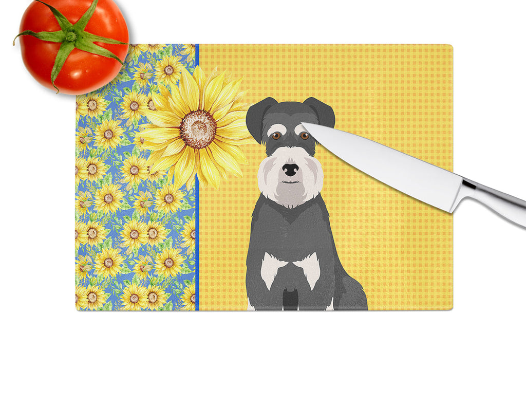 Summer Sunflowers Black and Silver Natural Ears Schnauzer Cutting Board Tempered Glass Kitchen Cutting Surface, Heat Resistant Chopping, Non-Slip Feet, Food Prep & Serving