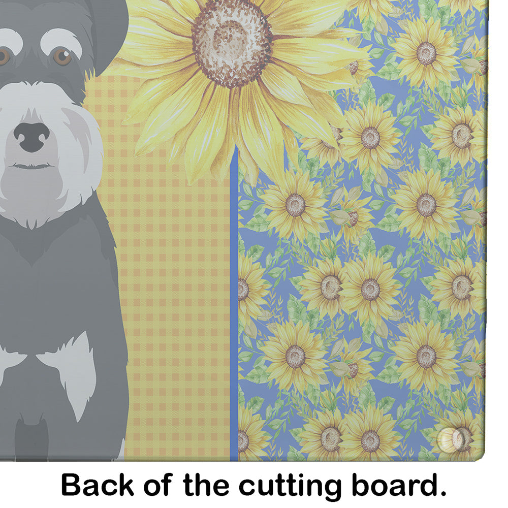Summer Sunflowers Black and Silver Natural Ears Schnauzer Cutting Board Tempered Glass Kitchen Cutting Surface, Heat Resistant Chopping, Non-Slip Feet, Food Prep & Serving