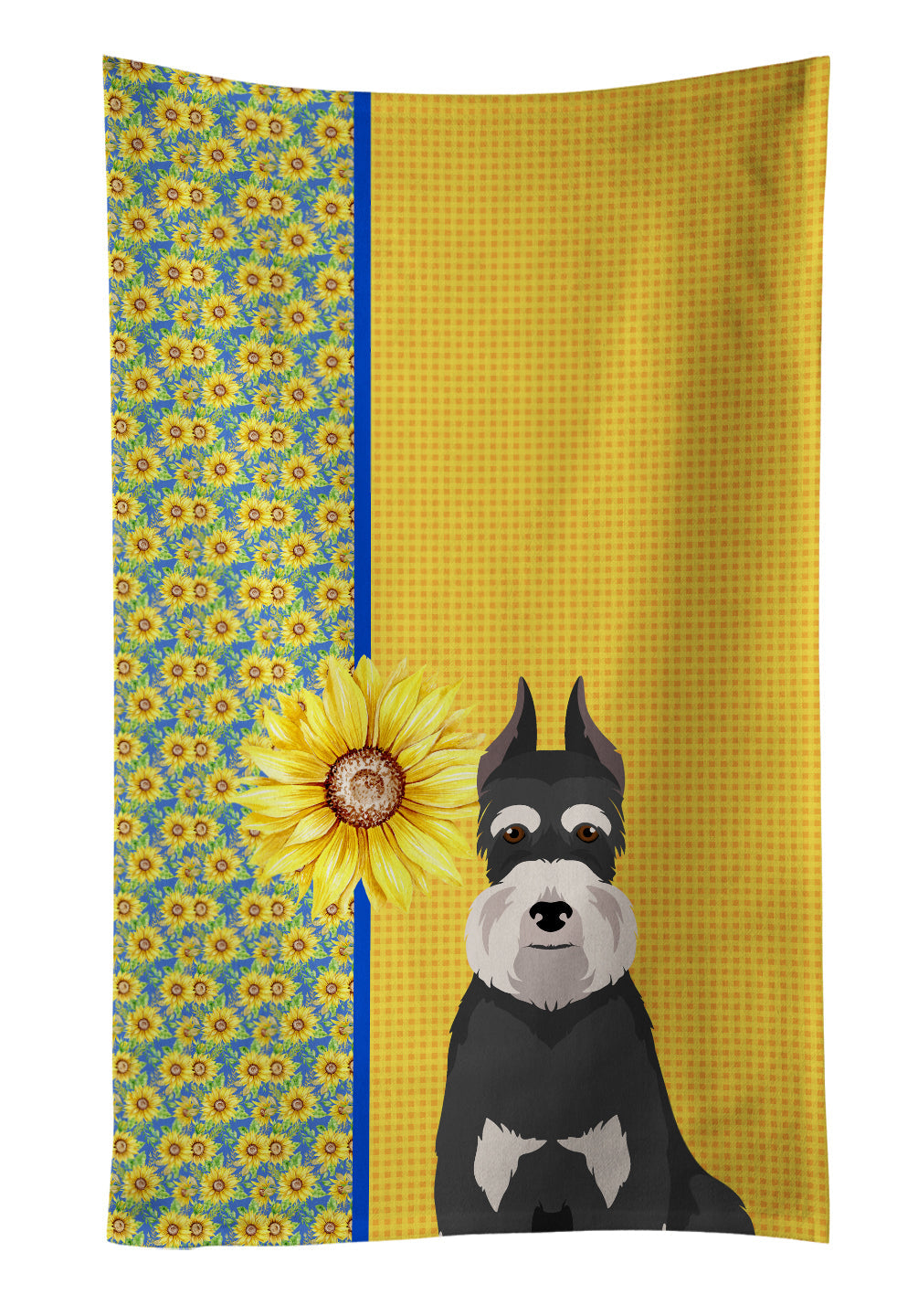 Summer Sunflowers Black and Silver Schnauzer Kitchen Towel Velour Plush Front and Cotton Loop Back Machine Washable