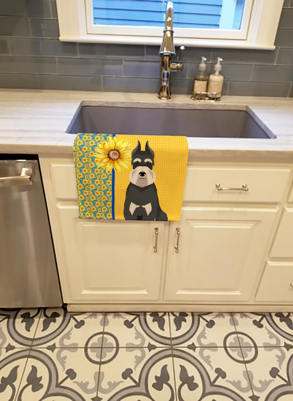 Summer Sunflowers Black and Silver Schnauzer Kitchen Towel Velour Plush Front and Cotton Loop Back Machine Washable