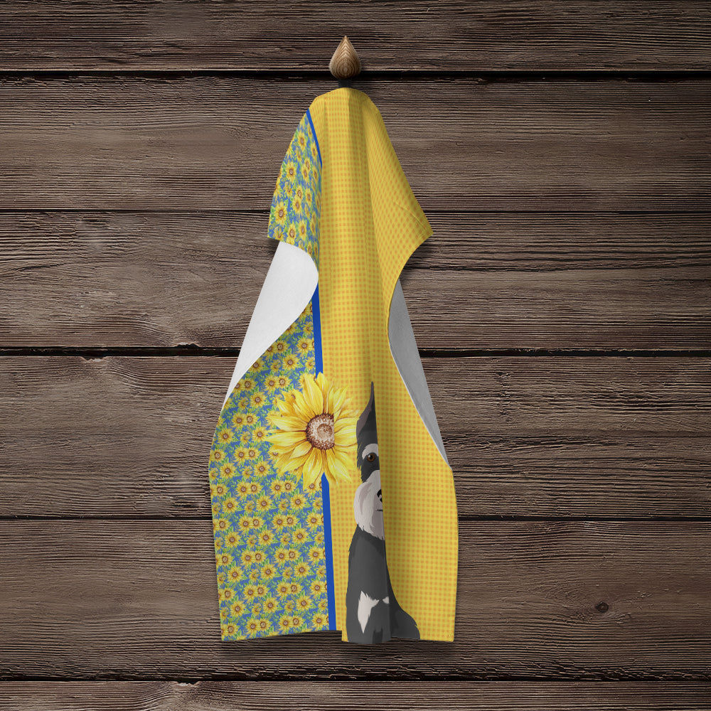 Summer Sunflowers Black and Silver Schnauzer Kitchen Towel Velour Plush Front and Cotton Loop Back Machine Washable