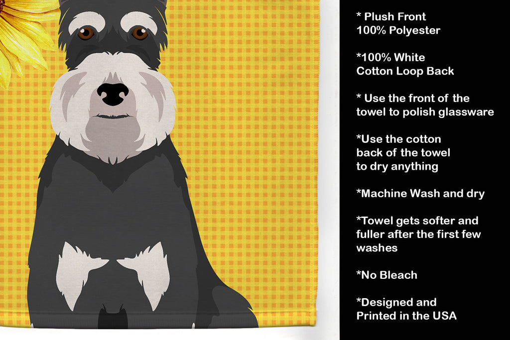 Summer Sunflowers Black and Silver Schnauzer Kitchen Towel Velour Plush Front and Cotton Loop Back Machine Washable