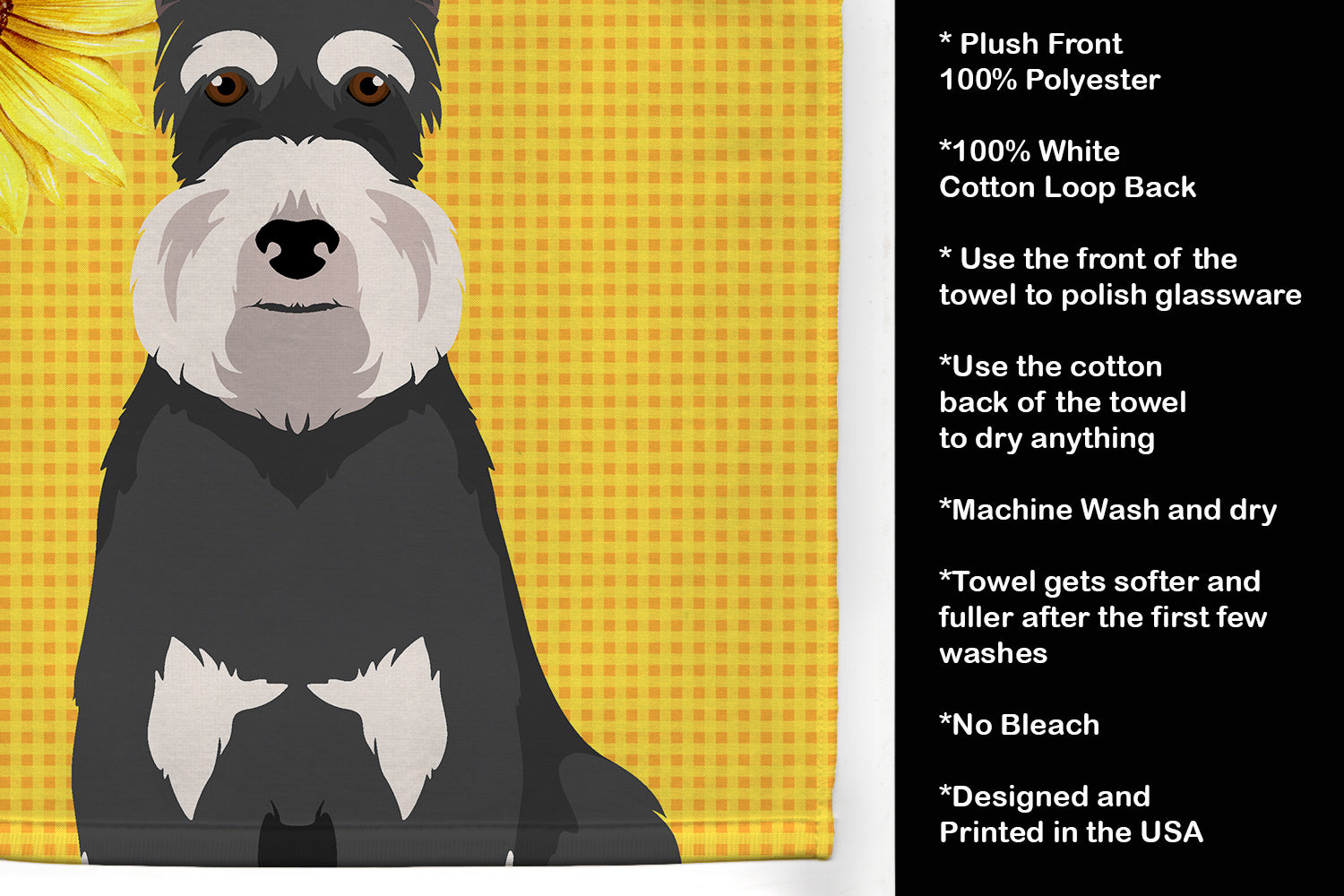 Summer Sunflowers Black and Silver Schnauzer Kitchen Towel Velour Plush Front and Cotton Loop Back Machine Washable