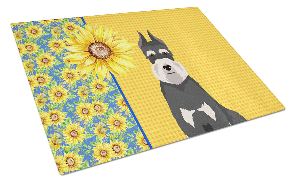 Summer Sunflowers Black and Silver Schnauzer Cutting Board Tempered Glass Kitchen Cutting Surface, Heat Resistant Chopping, Non-Slip Feet, Food Prep & Serving