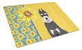 Summer Sunflowers Black and Silver Schnauzer Cutting Board Tempered Glass Kitchen Cutting Surface, Heat Resistant Chopping, Non-Slip Feet, Food Prep & Serving