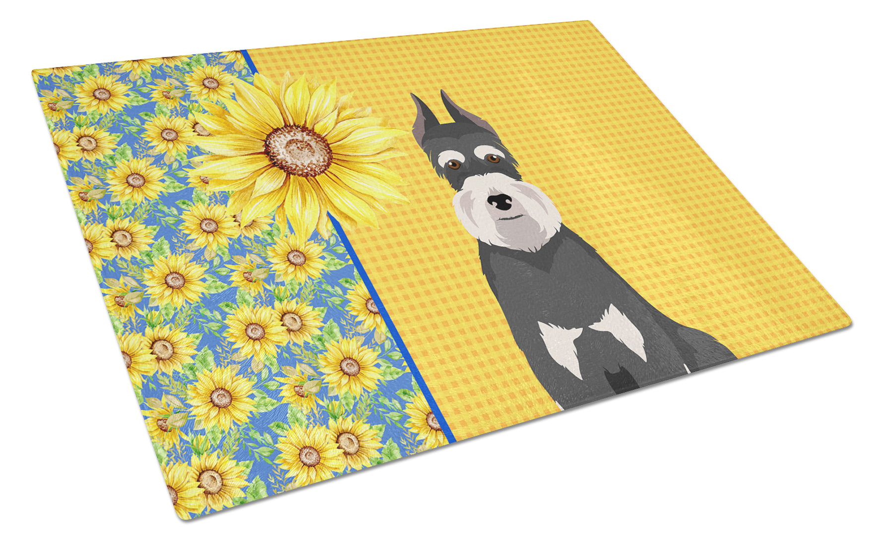 Summer Sunflowers Black and Silver Schnauzer Cutting Board Tempered Glass Kitchen Cutting Surface, Heat Resistant Chopping, Non-Slip Feet, Food Prep & Serving