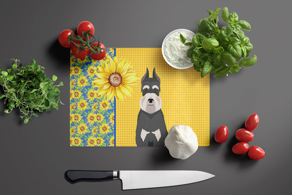Summer Sunflowers Black and Silver Schnauzer Cutting Board Tempered Glass Kitchen Cutting Surface, Heat Resistant Chopping, Non-Slip Feet, Food Prep & Serving