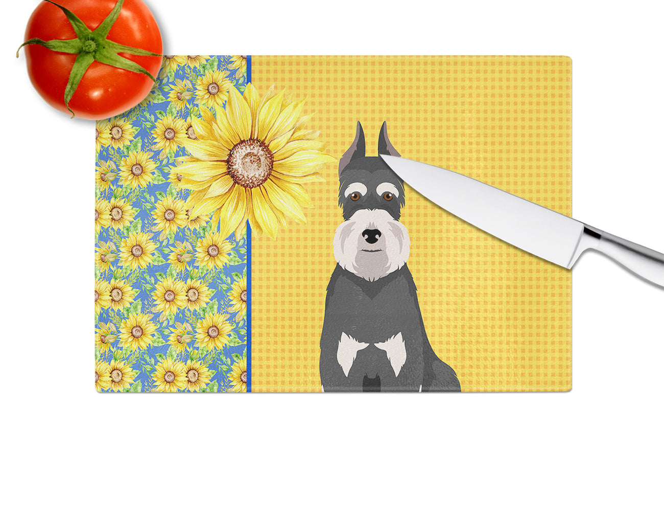 Summer Sunflowers Black and Silver Schnauzer Cutting Board Tempered Glass Kitchen Cutting Surface, Heat Resistant Chopping, Non-Slip Feet, Food Prep & Serving