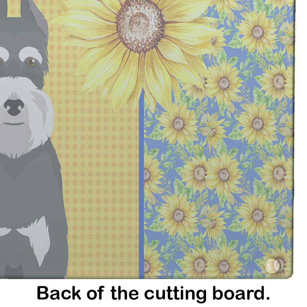 Summer Sunflowers Black and Silver Schnauzer Cutting Board Tempered Glass Kitchen Cutting Surface, Heat Resistant Chopping, Non-Slip Feet, Food Prep & Serving