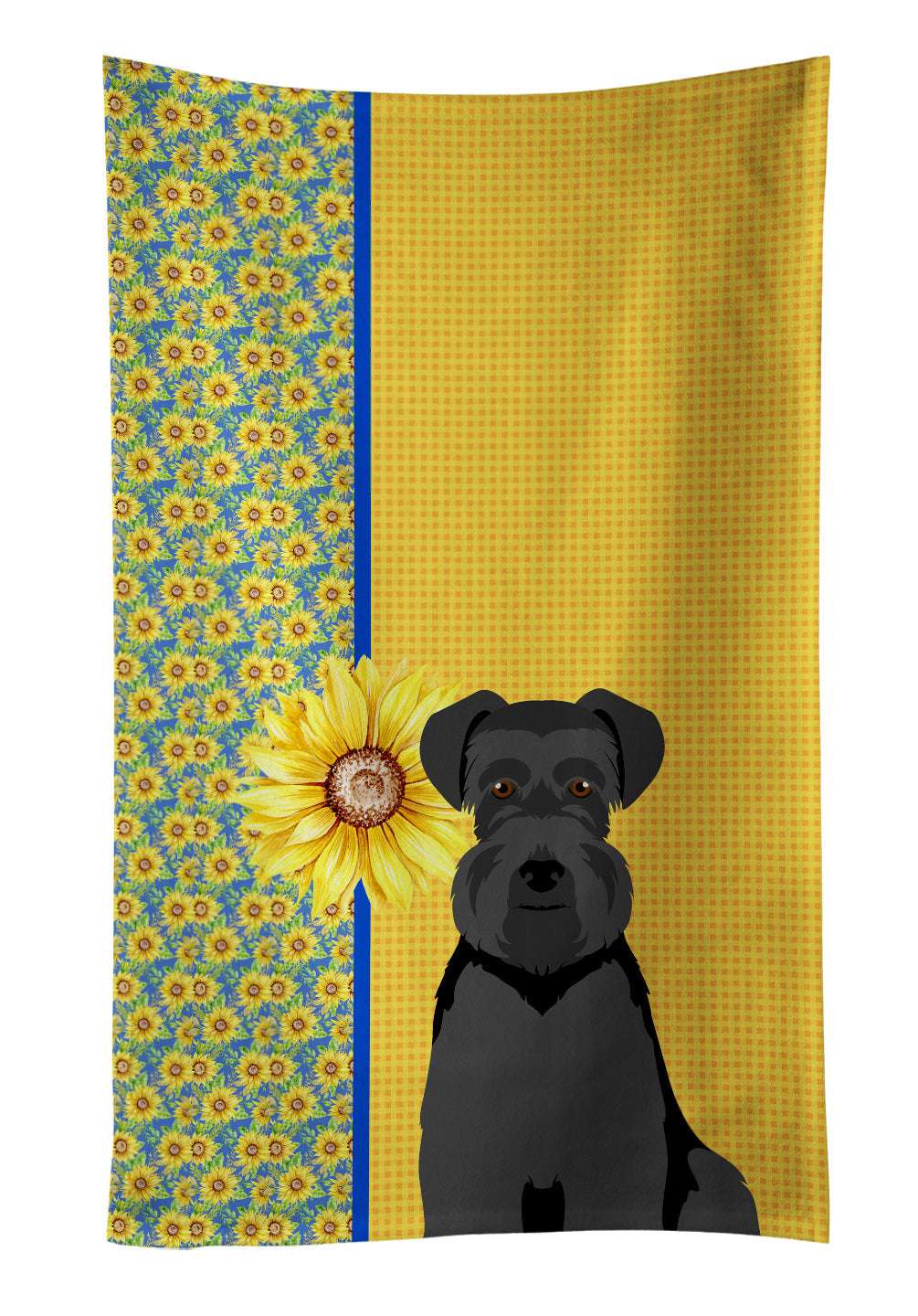 Summer Sunflowers Black Natural Ears Schnauzer Kitchen Towel Velour Plush Front and Cotton Loop Back Machine Washable