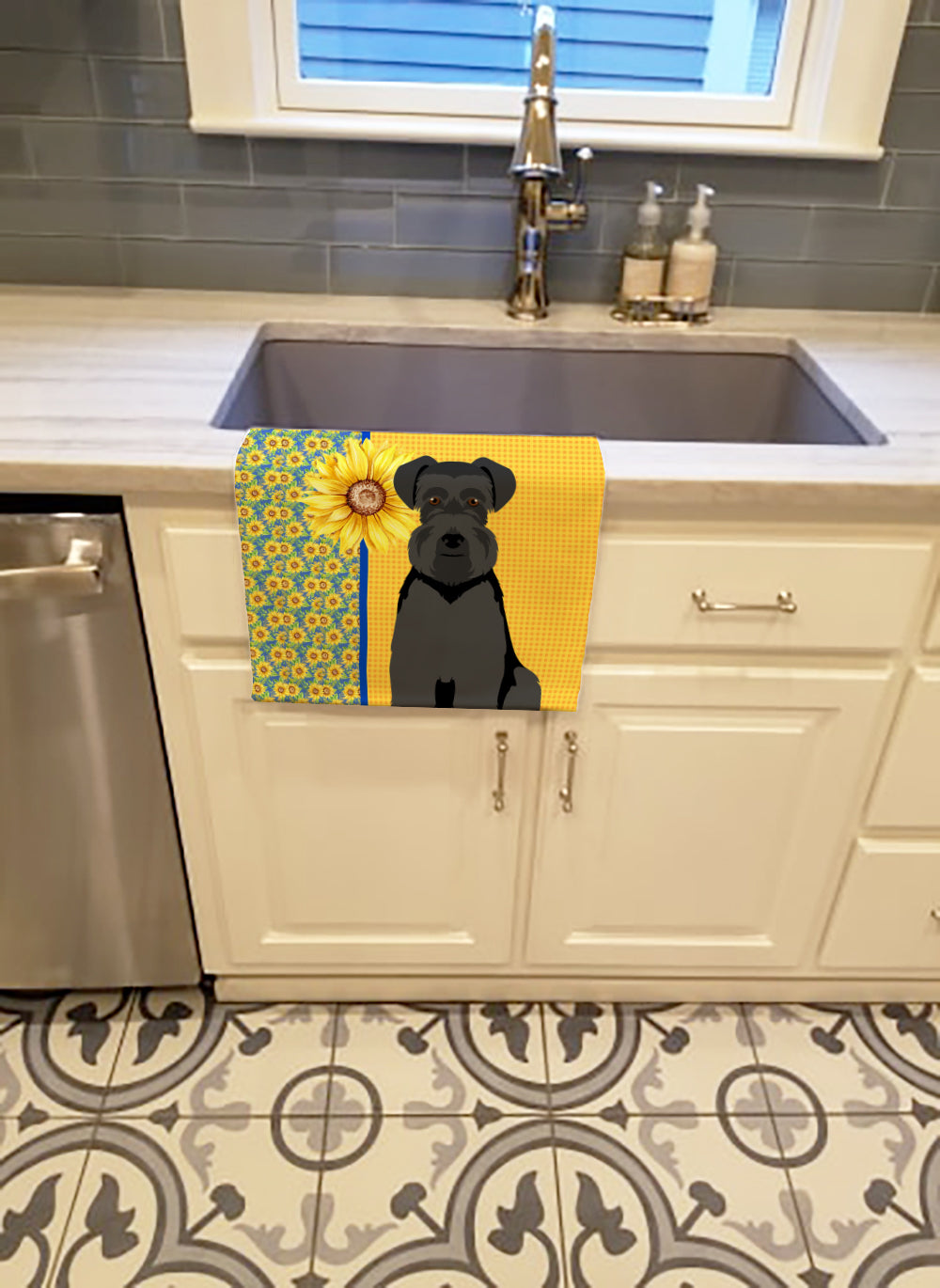 Summer Sunflowers Black Natural Ears Schnauzer Kitchen Towel Velour Plush Front and Cotton Loop Back Machine Washable