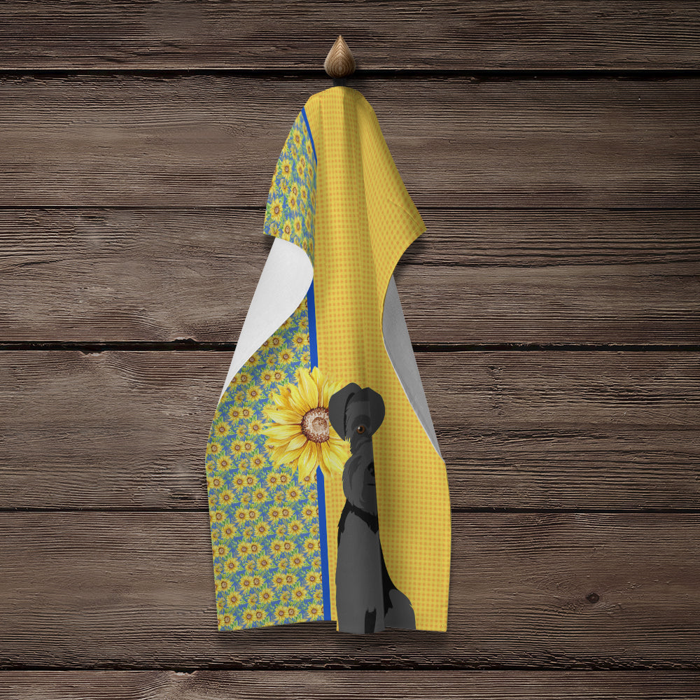 Summer Sunflowers Black Natural Ears Schnauzer Kitchen Towel Velour Plush Front and Cotton Loop Back Machine Washable