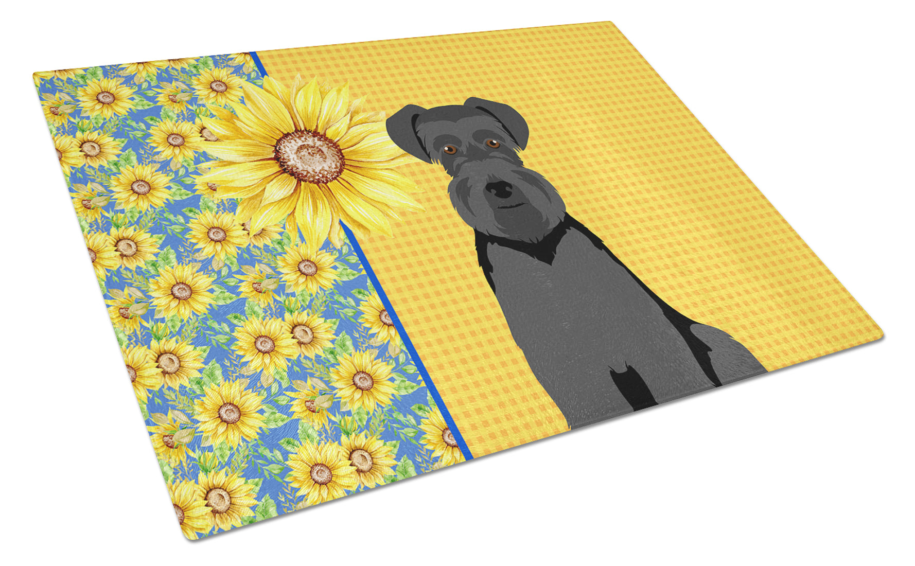 Summer Sunflowers Black Natural Ears Schnauzer Cutting Board Tempered Glass Kitchen Cutting Surface, Heat Resistant Chopping, Non-Slip Feet, Food Prep & Serving