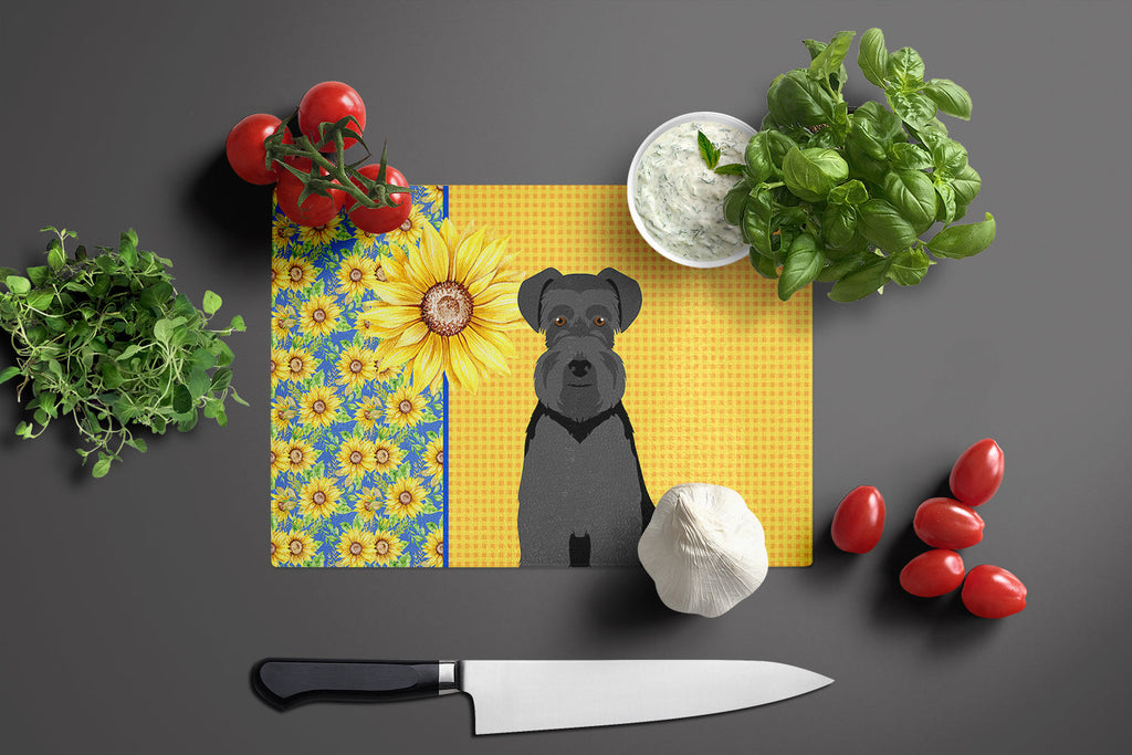 Summer Sunflowers Black Natural Ears Schnauzer Cutting Board Tempered Glass Kitchen Cutting Surface, Heat Resistant Chopping, Non-Slip Feet, Food Prep & Serving