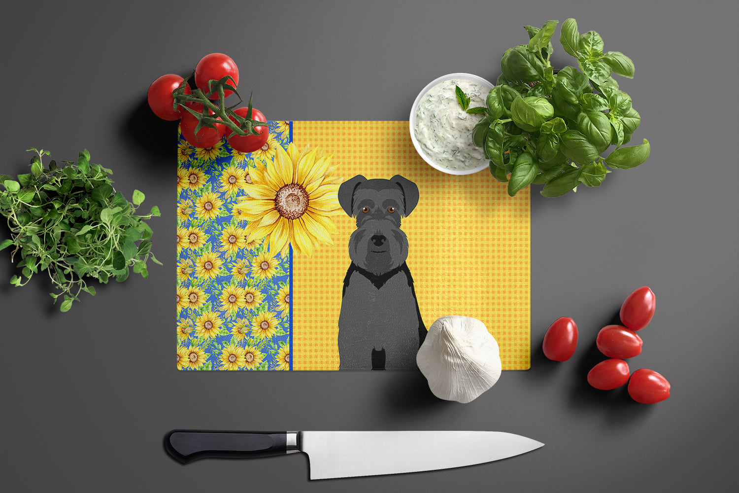 Summer Sunflowers Black Natural Ears Schnauzer Cutting Board Tempered Glass Kitchen Cutting Surface, Heat Resistant Chopping, Non-Slip Feet, Food Prep & Serving