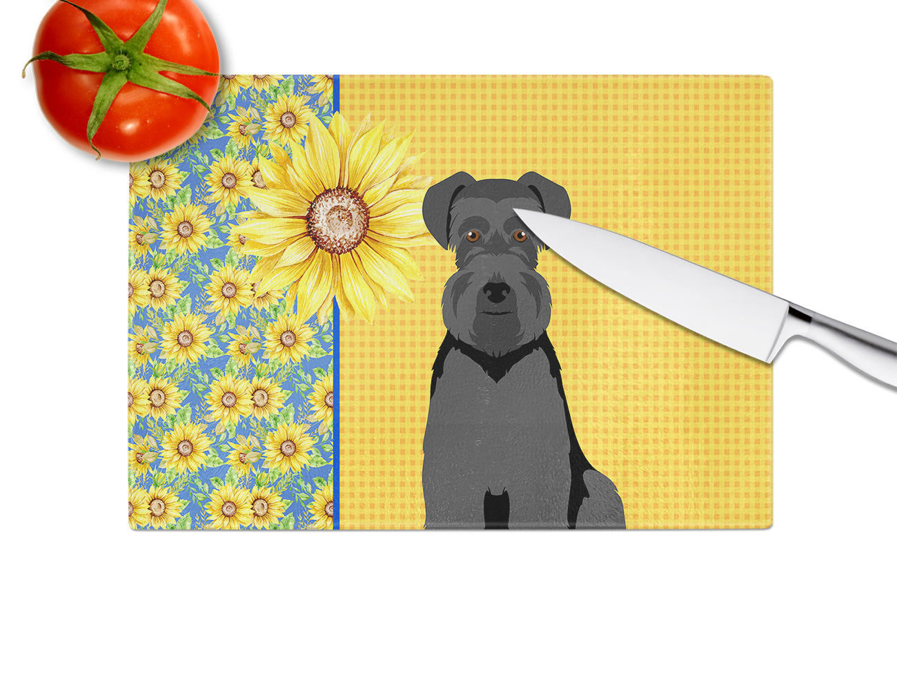 Summer Sunflowers Black Natural Ears Schnauzer Cutting Board Tempered Glass Kitchen Cutting Surface, Heat Resistant Chopping, Non-Slip Feet, Food Prep & Serving