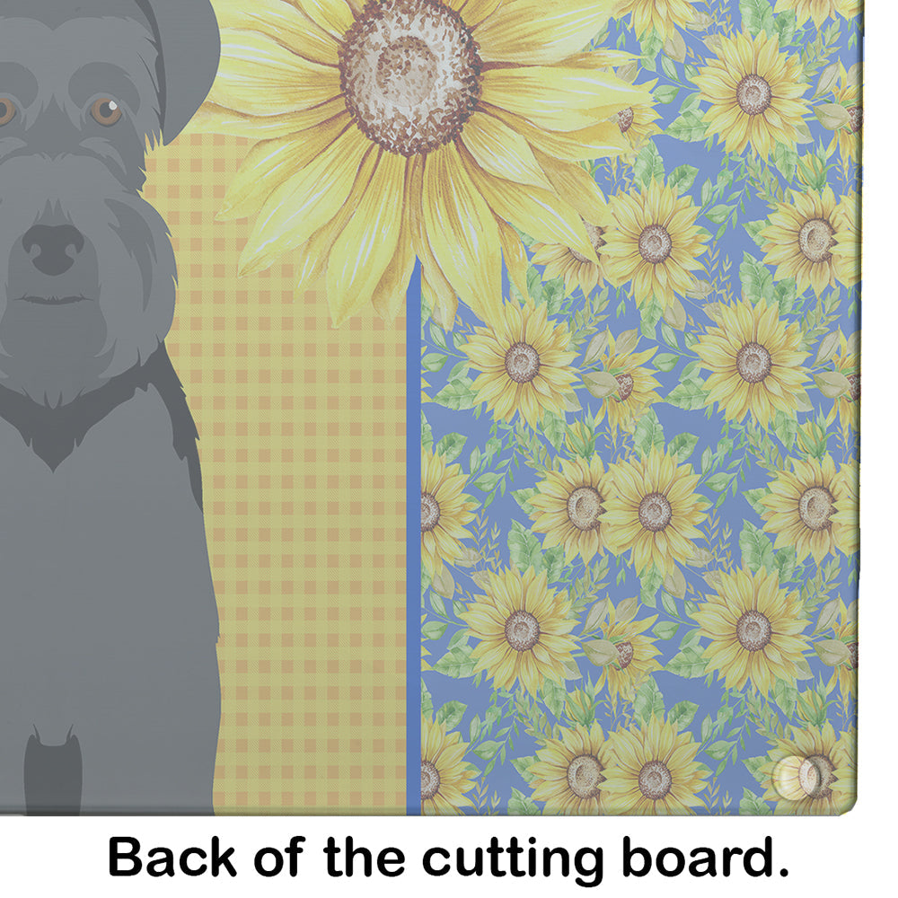 Summer Sunflowers Black Natural Ears Schnauzer Cutting Board Tempered Glass Kitchen Cutting Surface, Heat Resistant Chopping, Non-Slip Feet, Food Prep & Serving