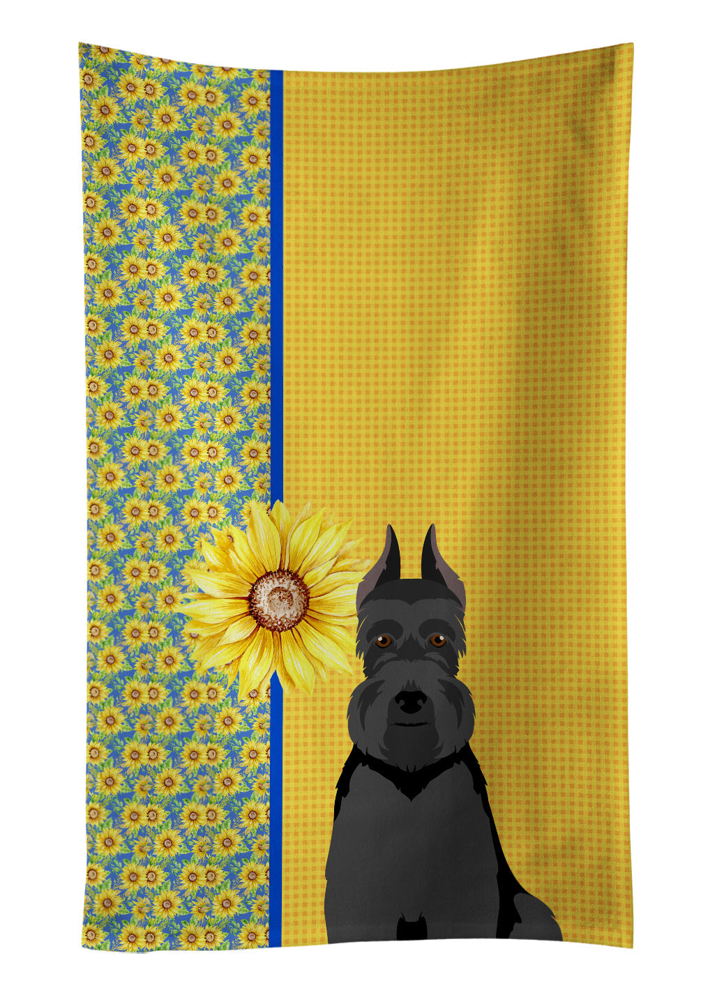 Summer Sunflowers Black Schnauzer Kitchen Towel Velour Plush Front and Cotton Loop Back Machine Washable