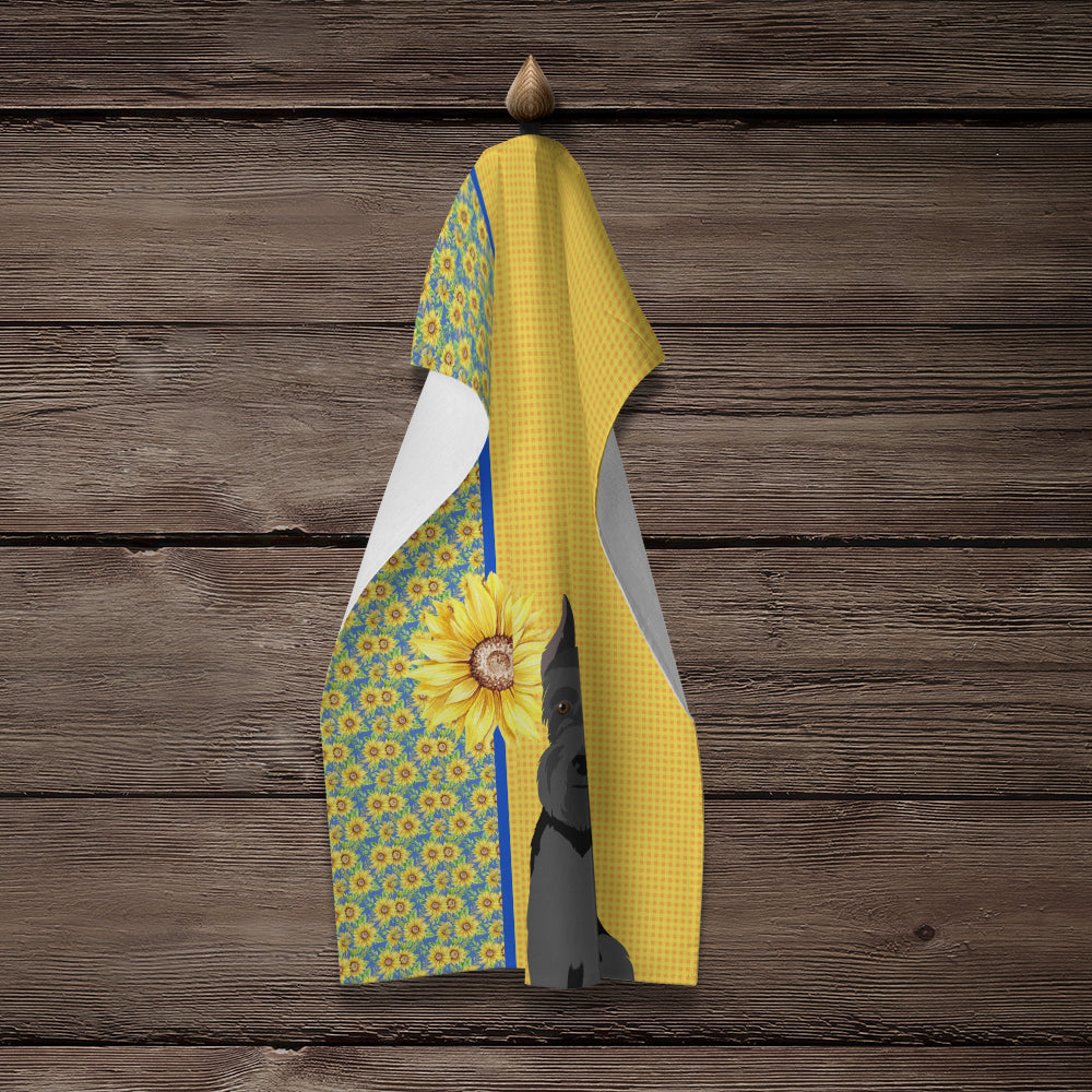 Summer Sunflowers Black Schnauzer Kitchen Towel Velour Plush Front and Cotton Loop Back Machine Washable