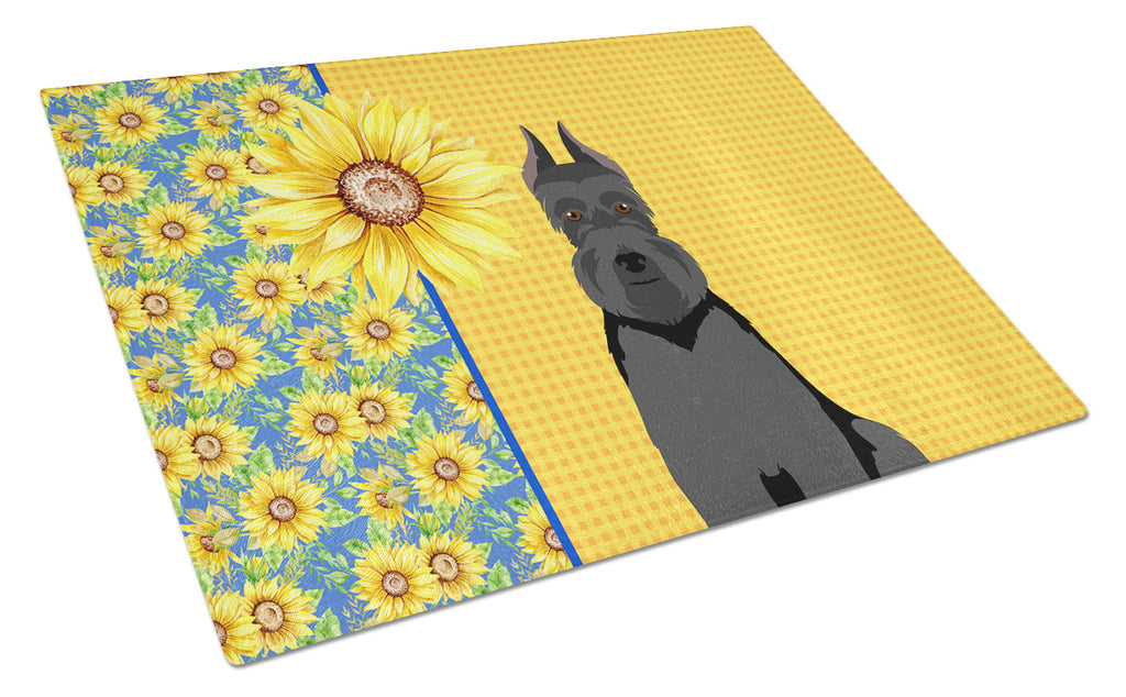 Summer Sunflowers Black Schnauzer Cutting Board Tempered Glass Kitchen Cutting Surface, Heat Resistant Chopping, Non-Slip Feet, Food Prep & Serving