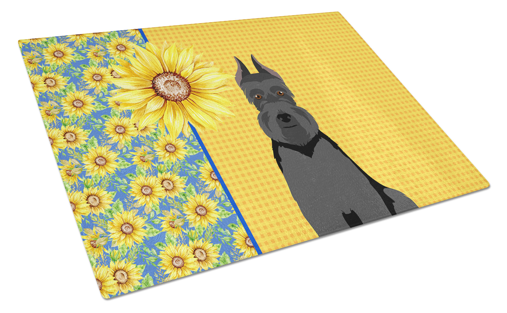 Summer Sunflowers Black Schnauzer Cutting Board Tempered Glass Kitchen Cutting Surface, Heat Resistant Chopping, Non-Slip Feet, Food Prep & Serving
